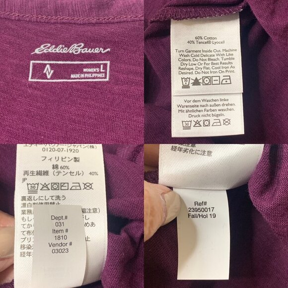 Eddie Bauer Women’s NWT Gate Check Long Sleeve Convertible Top Size L Dark Plum - Picture 4 of 6